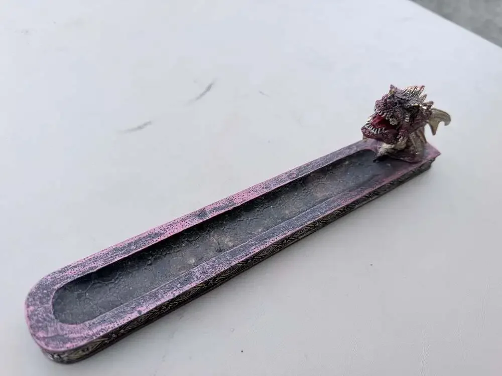 Red and Gold Dragon Head Resin Incense Burner Holder with Green Eyes